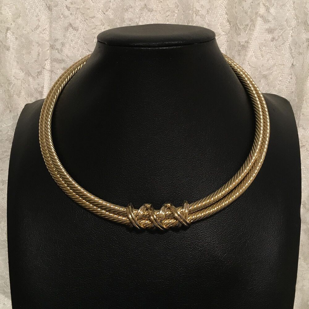 Vintage Wire Cable Torque Necklace Elegant Gold Tone Collar Twist Choker